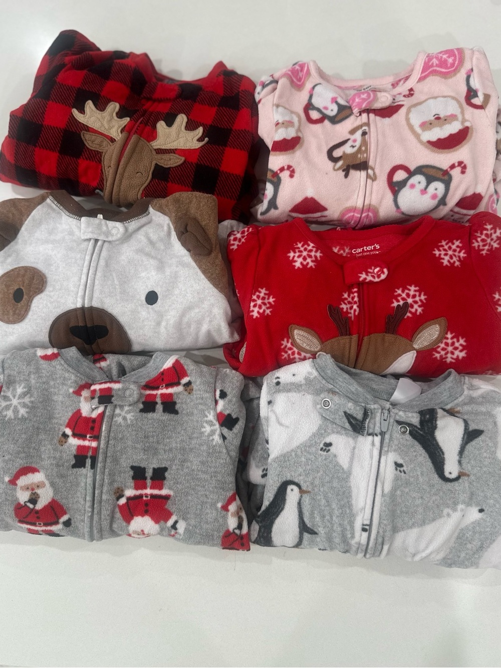 Carter's Bundle of 6 fleece pajamas- Red, Gray, Pink, White, Brown size 3t